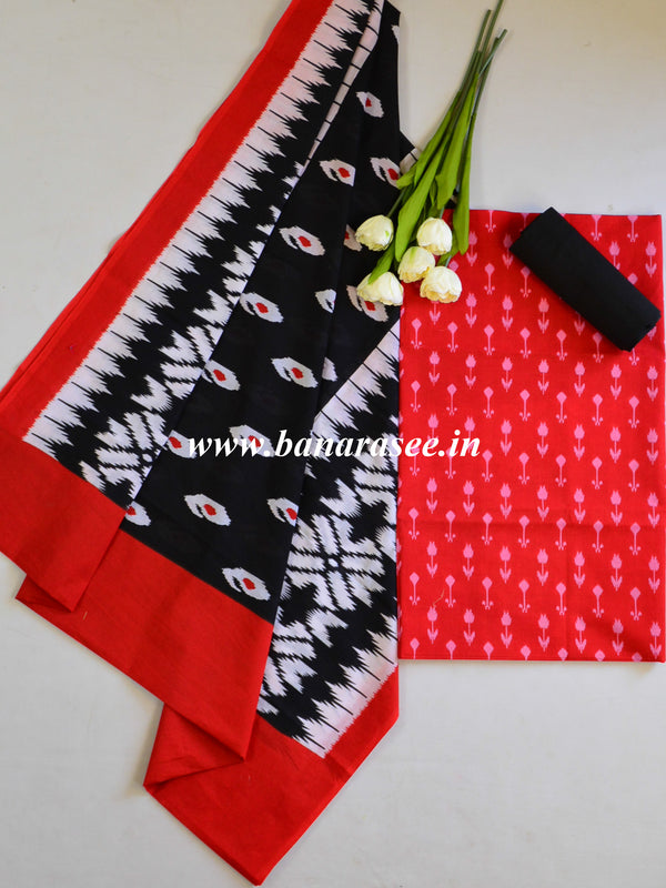 Pure Handloom Mul Cotton Ikkat Print Suit Set-Red & Black