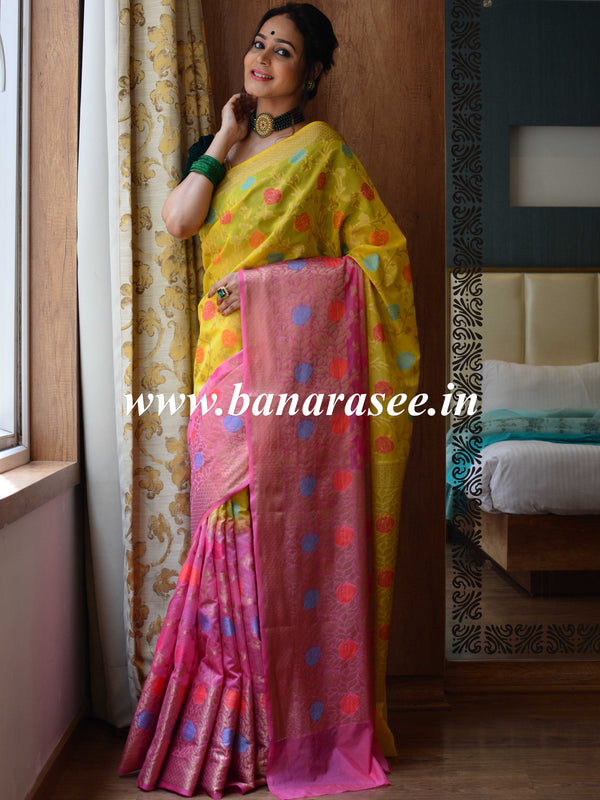 Banarasee Handwoven Semi-Chiffon Saree With Resham Jaal Design & Dual Color-Yellow & Pink