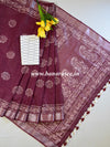 Bhagalpur Handloom Pure Linen Cotton Hand-Dyed Batik Pattern Saree & Ikkat Blouse-Maroon