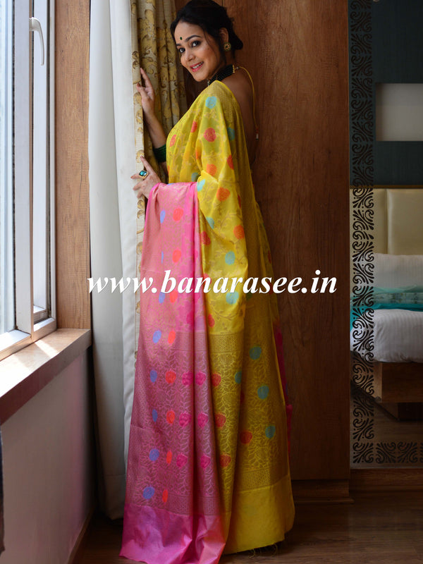 Banarasee Handwoven Semi-Chiffon Saree With Resham Jaal Design & Dual Color-Yellow & Pink