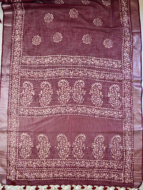 Bhagalpur Handloom Pure Linen Cotton Hand-Dyed Batik Pattern Saree & Ikkat Blouse-Maroon