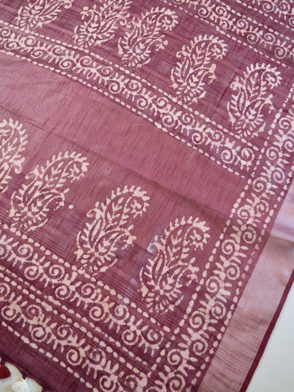 Bhagalpur Handloom Pure Linen Cotton Hand-Dyed Batik Pattern Saree & Ikkat Blouse-Maroon