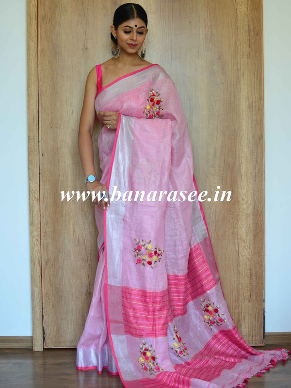 Banarasee Handloom Pure Linen Saree With Hand-Embroidery Work-Pink