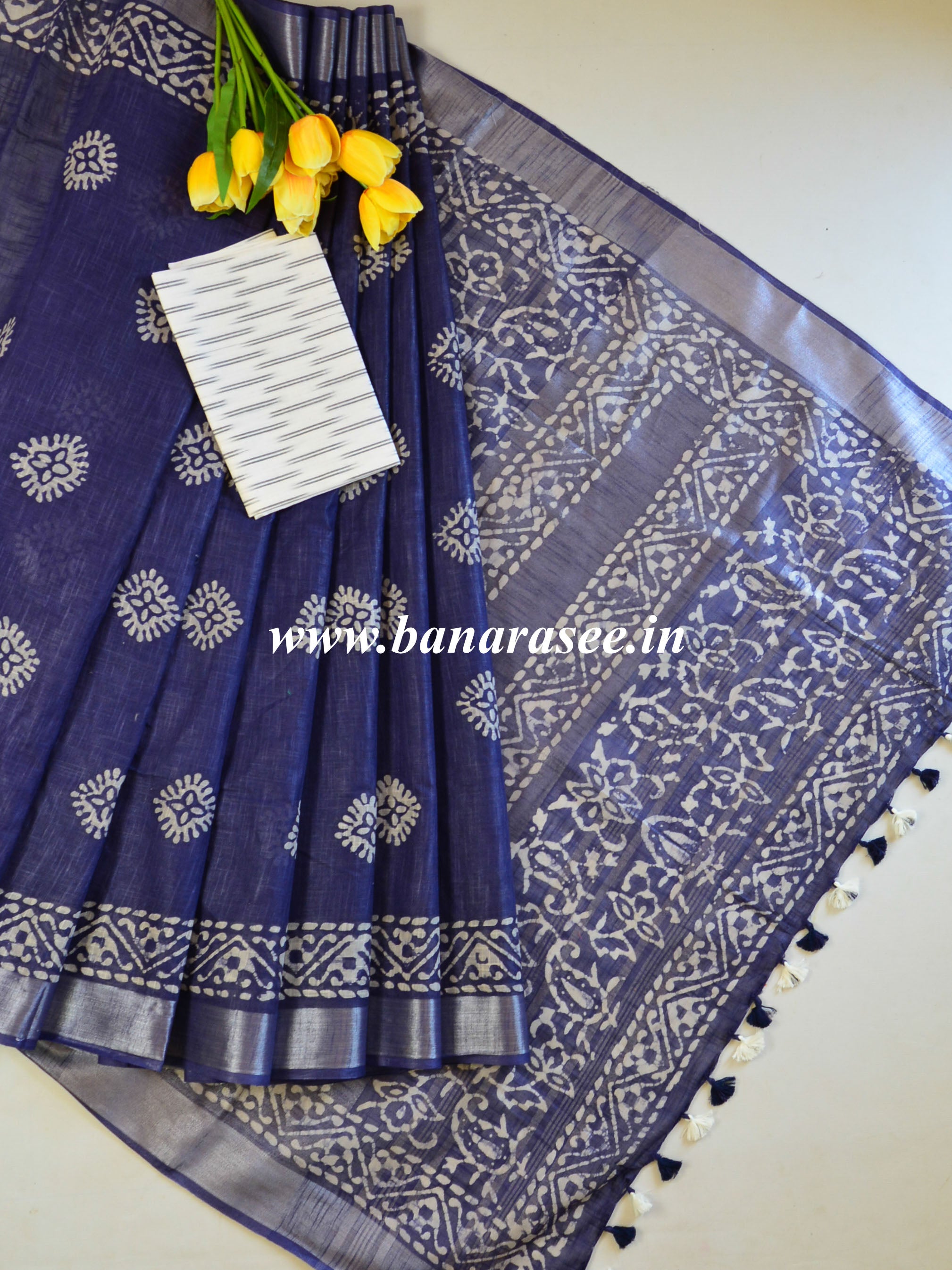 Bhagalpur Handloom Pure Linen Cotton Hand-Dyed Batik Pattern Saree & Ikkat Blouse-Deep Blue