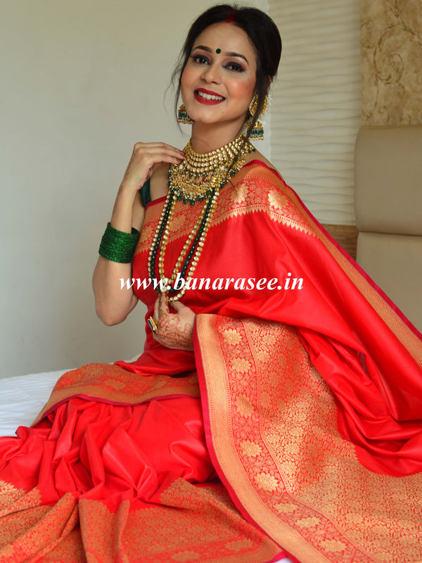 Banarasee Handwoven Semi-Katan Broad Border Saree-Red
