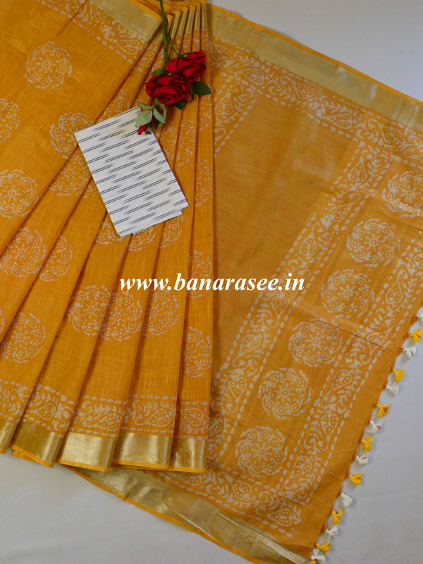 Bhagalpur Handloom Pure Linen Cotton Hand-Dyed Batik Pattern Saree & Ikkat Blouse-Mustard Yellow