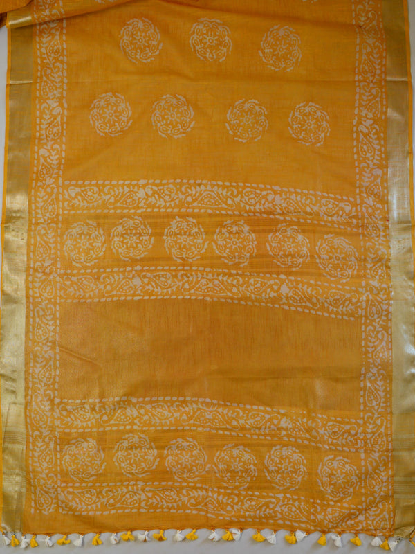 Bhagalpur Handloom Pure Linen Cotton Hand-Dyed Batik Pattern Saree & Ikkat Blouse-Mustard Yellow