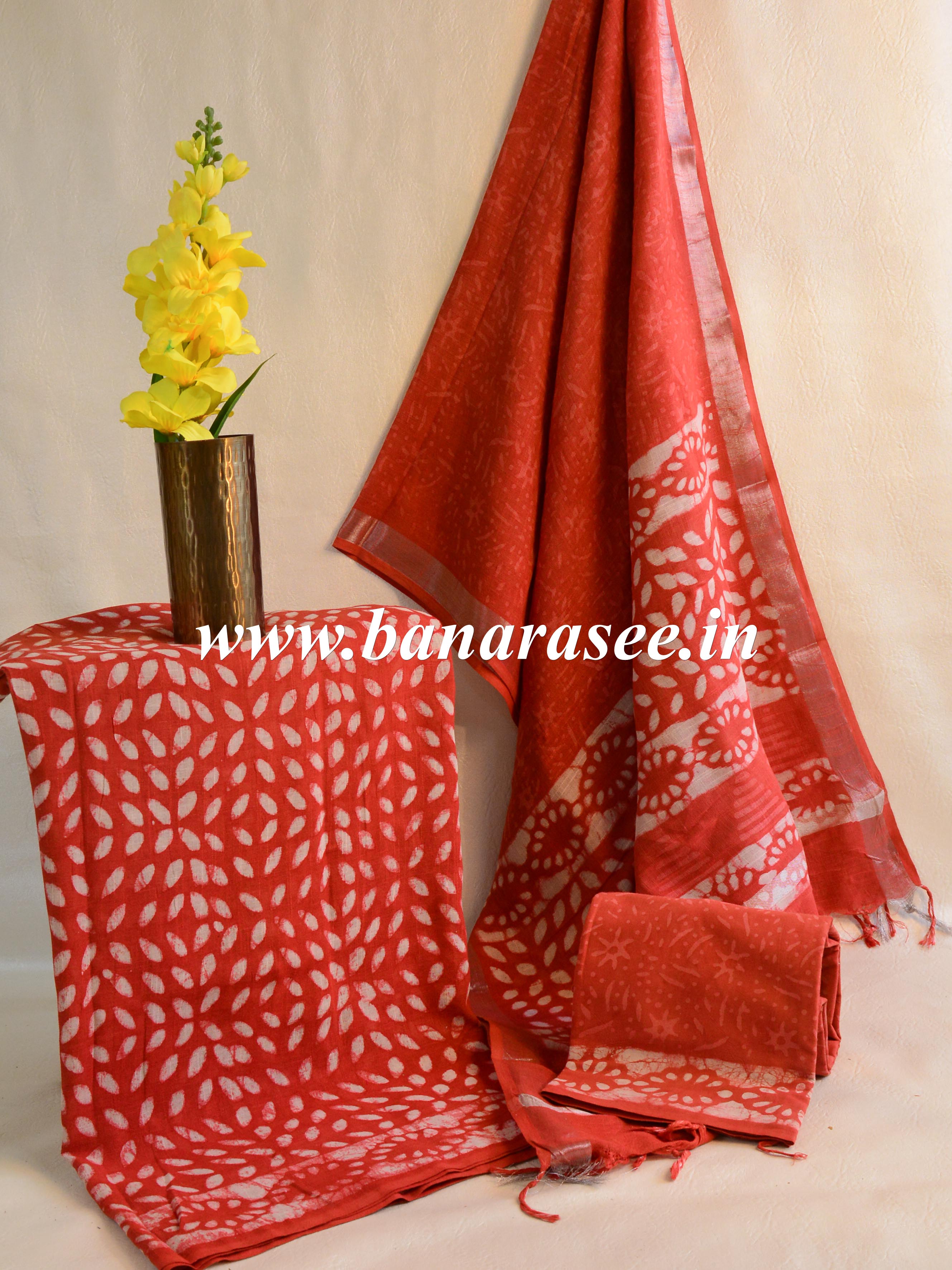 Handloom Linen Cotton Block Print Suit Set-Red