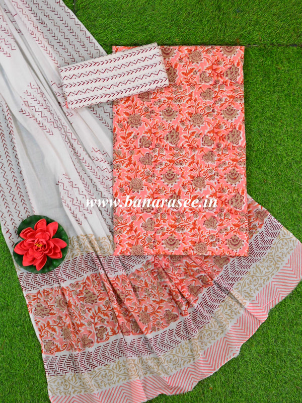 Pure Handloom Mul Cotton Sanganeri Block Printed Suit Set-Peach & White
