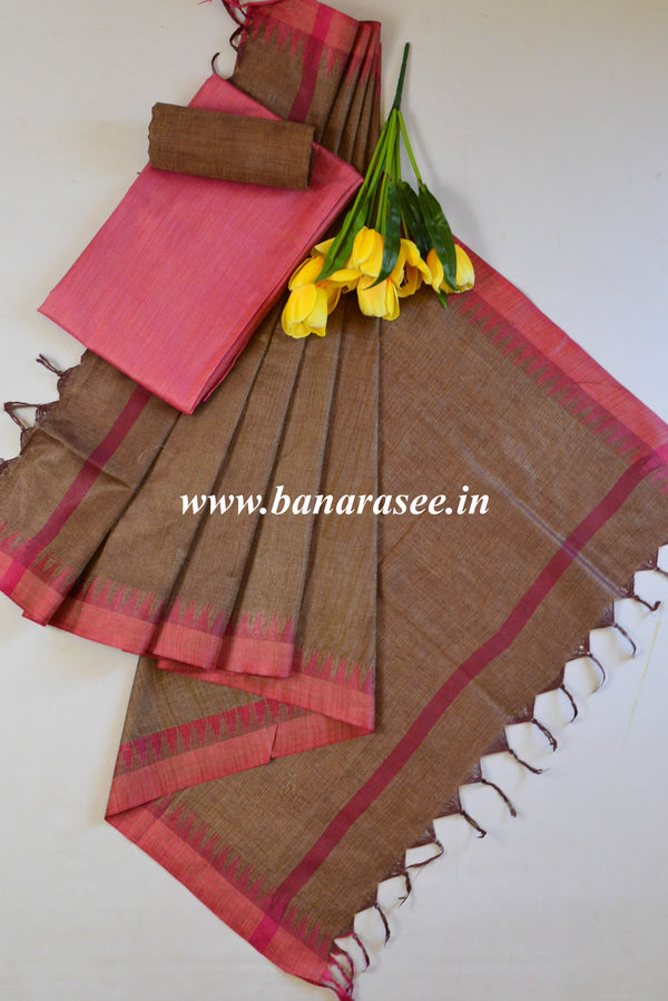 Handloom Khadi Cotton Salwar Kameez Dupatta Set-Pink & Brown