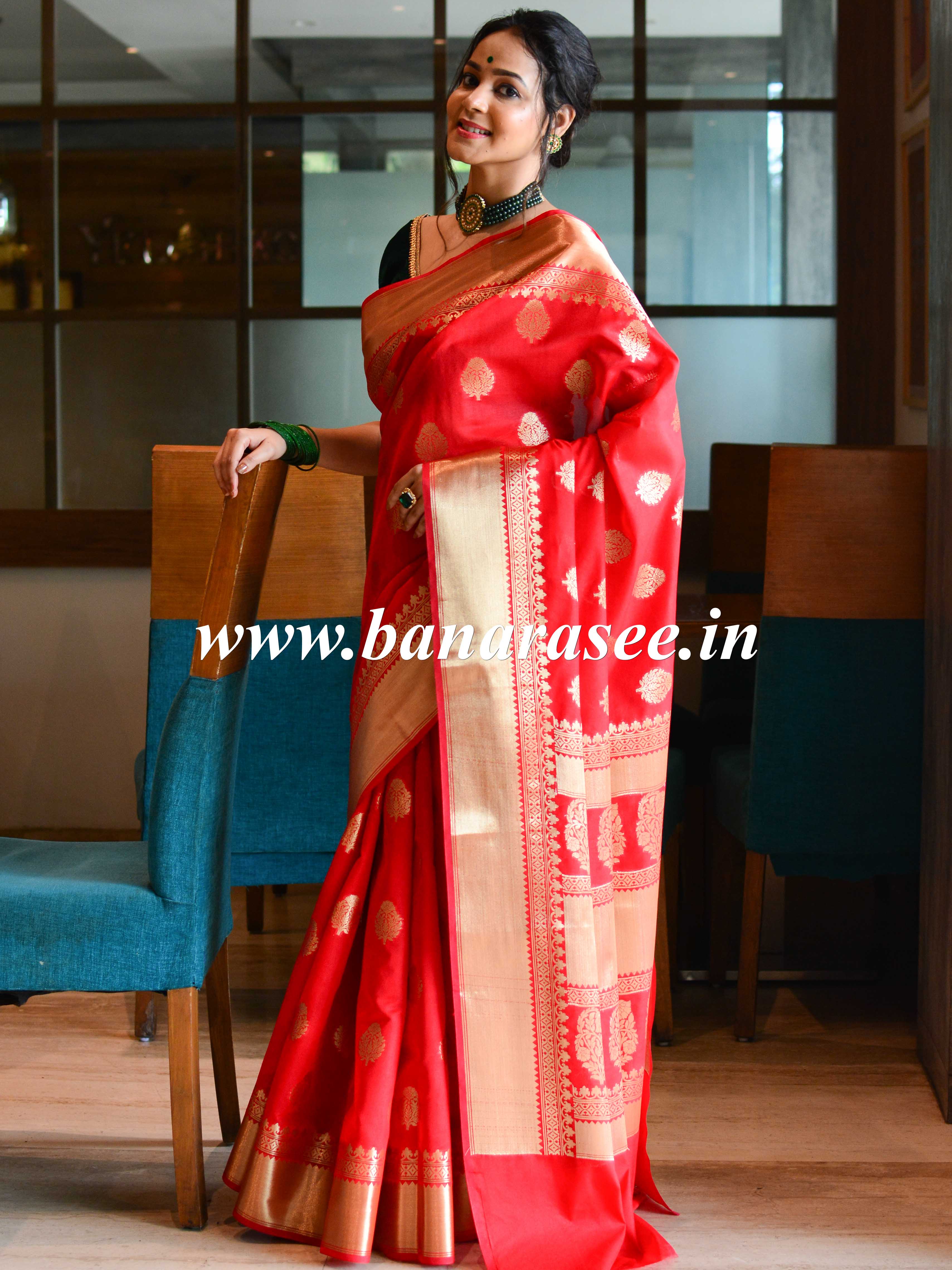 Banarasee Handwoven Semi Silk Saree With Zari Buti & Border-Red