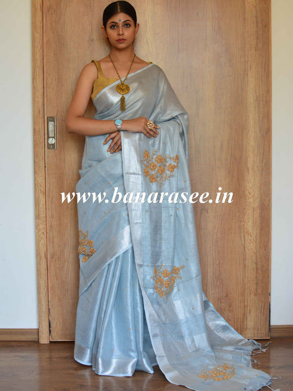 Banarasee Handloom Pure Linen By Tissue Saree With Pearl Embroidery-Grey