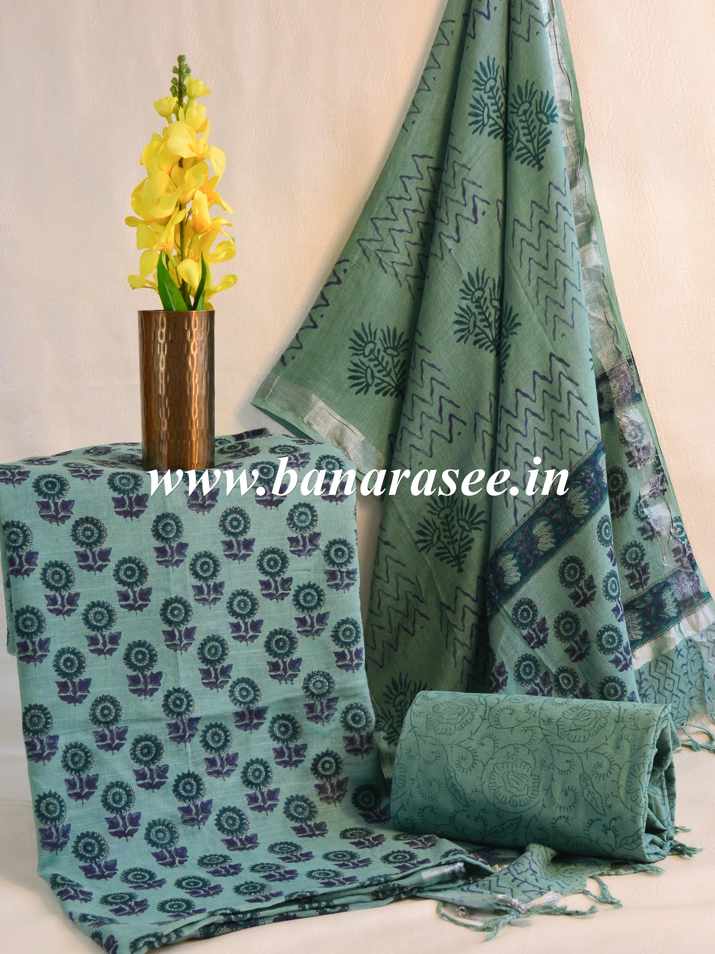 Handloom Linen Cotton Block Print Suit Set-Green