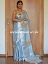 Banarasee Handloom Pure Linen By Tissue Saree With Pearl Embroidery-Grey