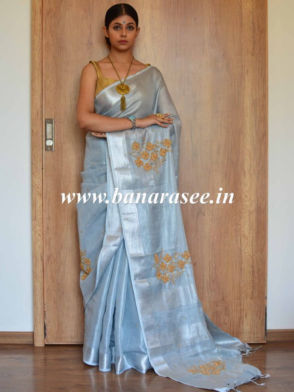 Banarasee Handloom Pure Linen By Tissue Saree With Pearl Embroidery-Grey