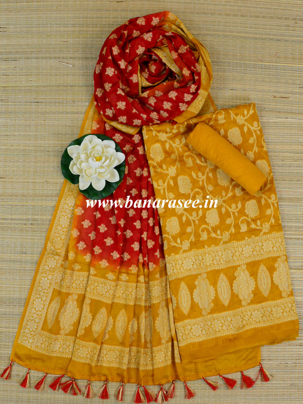 Banarasee Handloom Pure Chiffon Silk Salwar Kameez Set-Mustard & Red
