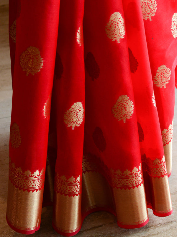 Banarasee Handwoven Semi Silk Saree With Zari Buti & Border-Red