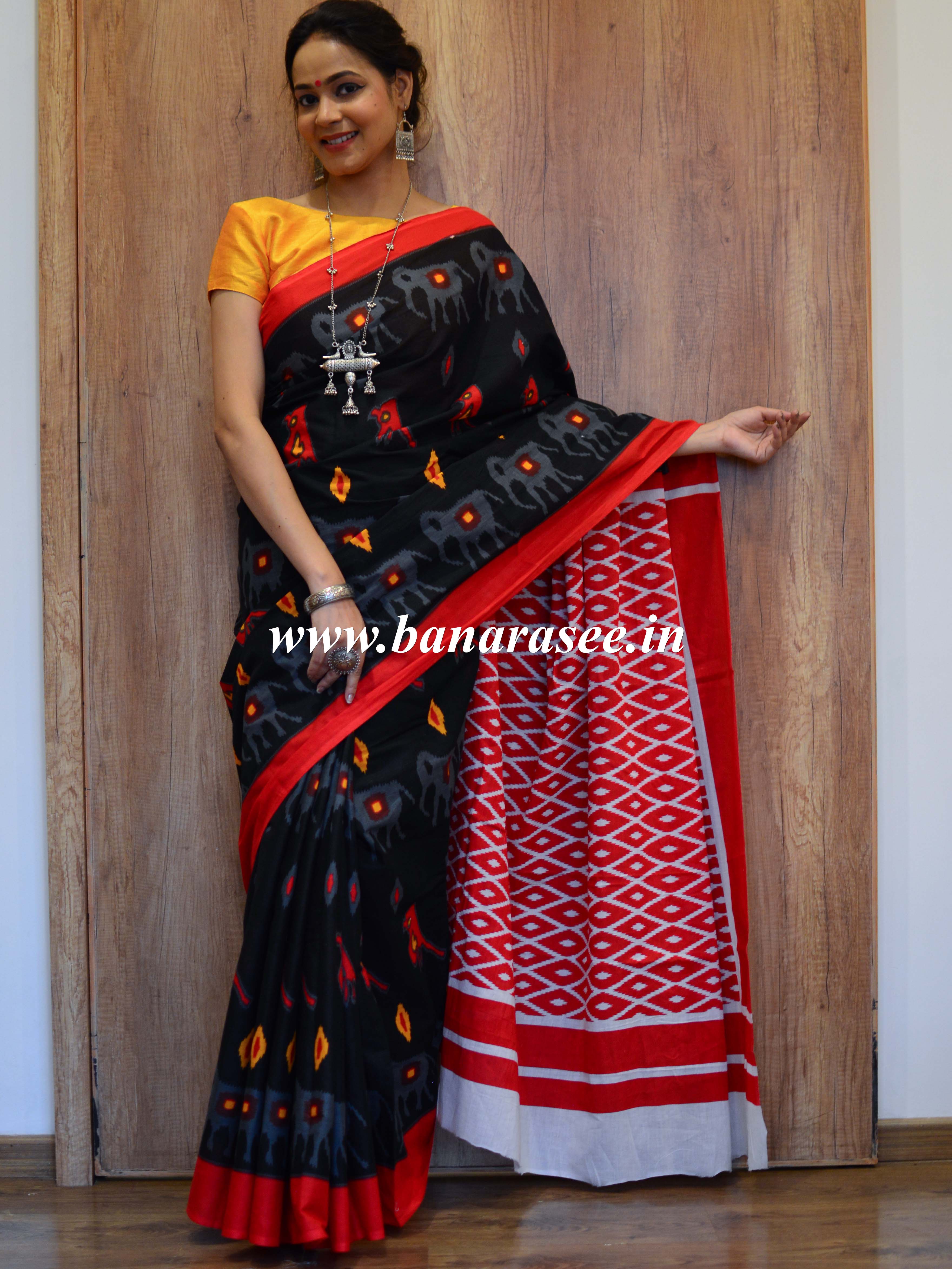 Handloom Mul Cotton Ajrakh Print Saree-Black & Red