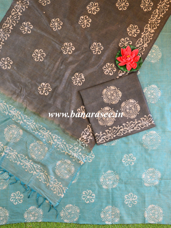 Pure Handloom Khadi Cotton Hand-Dyed Batik Pattern Salwar Kameez Dupatta Set-Blue & Grey