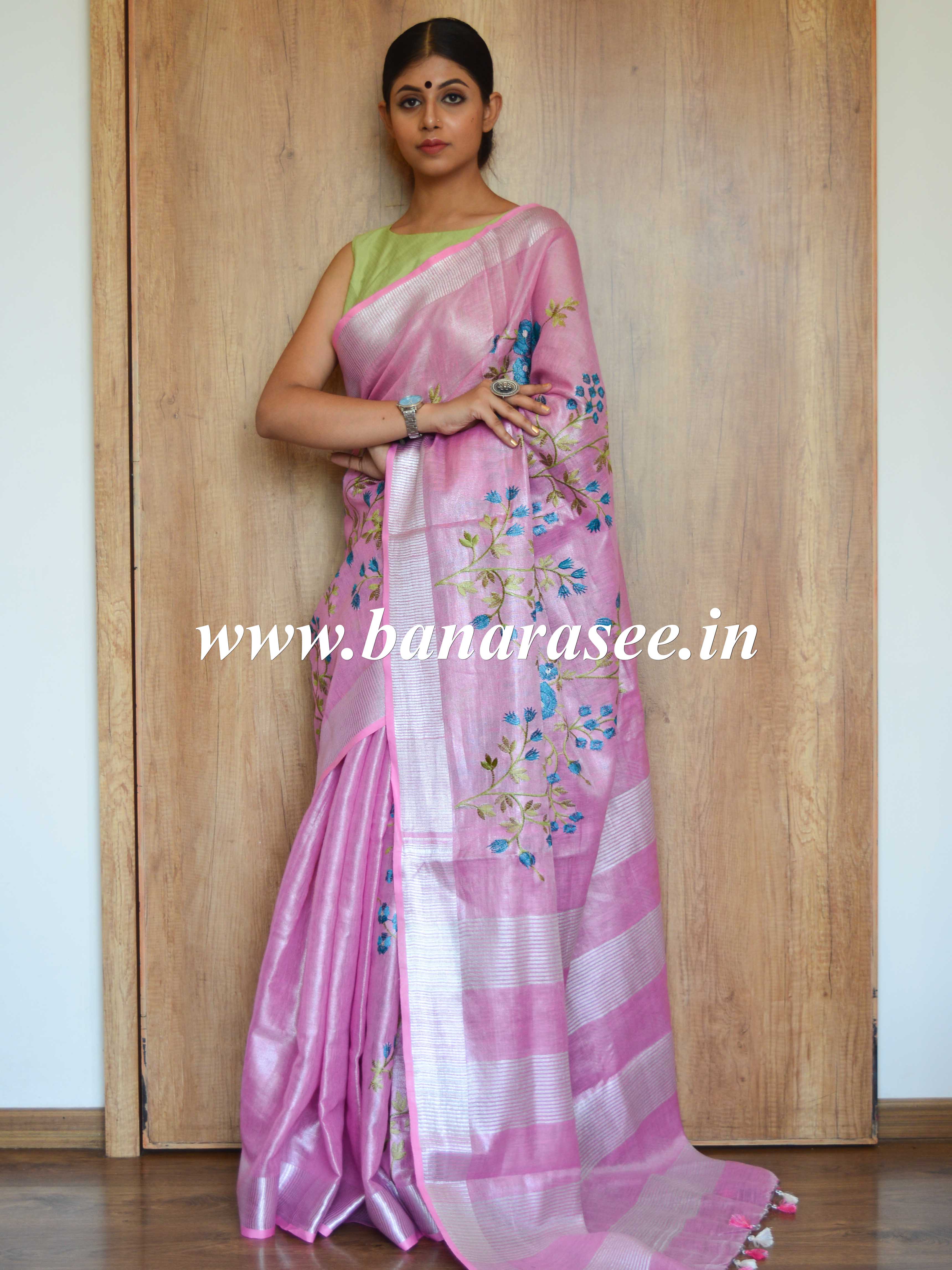 Banarasee Handloom Pure Linen By Tissue Embroidered Saree-Pink