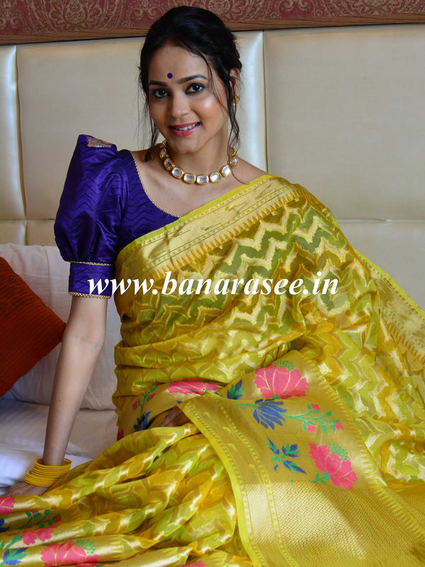 Banarasee Handwoven Semi-Chiffon Saree With Zari Work & Meena Border-Yellow