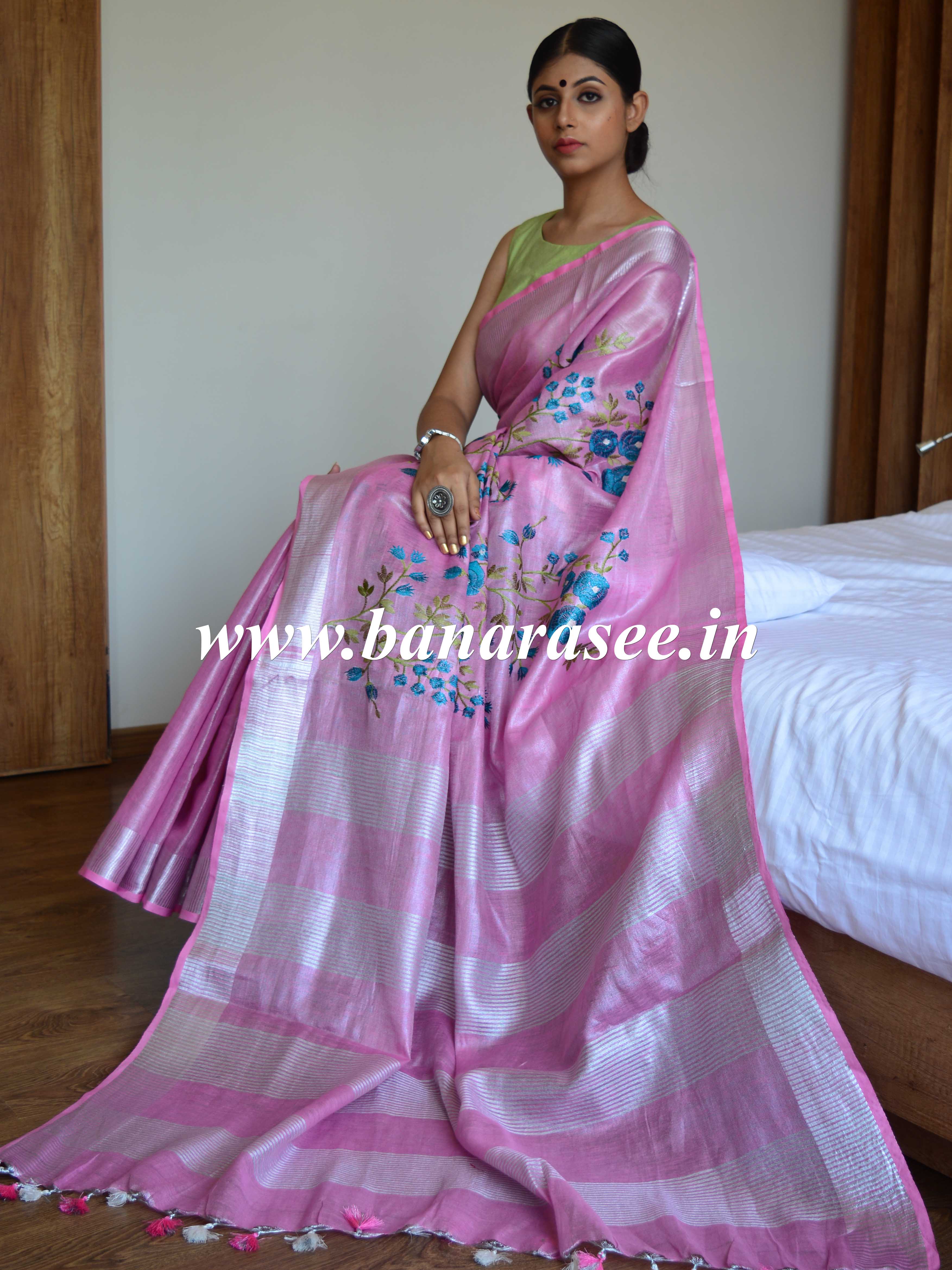 Banarasee Handloom Pure Linen By Tissue Embroidered Saree-Pink