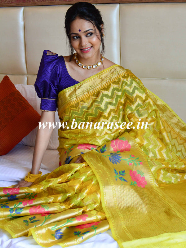 Banarasee Handwoven Semi-Chiffon Saree With Zari Work & Meena Border-Yellow