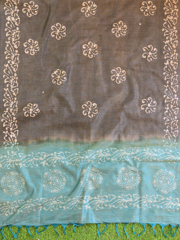 Pure Handloom Khadi Cotton Hand-Dyed Batik Pattern Salwar Kameez Dupatta Set-Blue & Grey