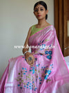 Banarasee Handloom Pure Linen By Tissue Embroidered Saree-Pink