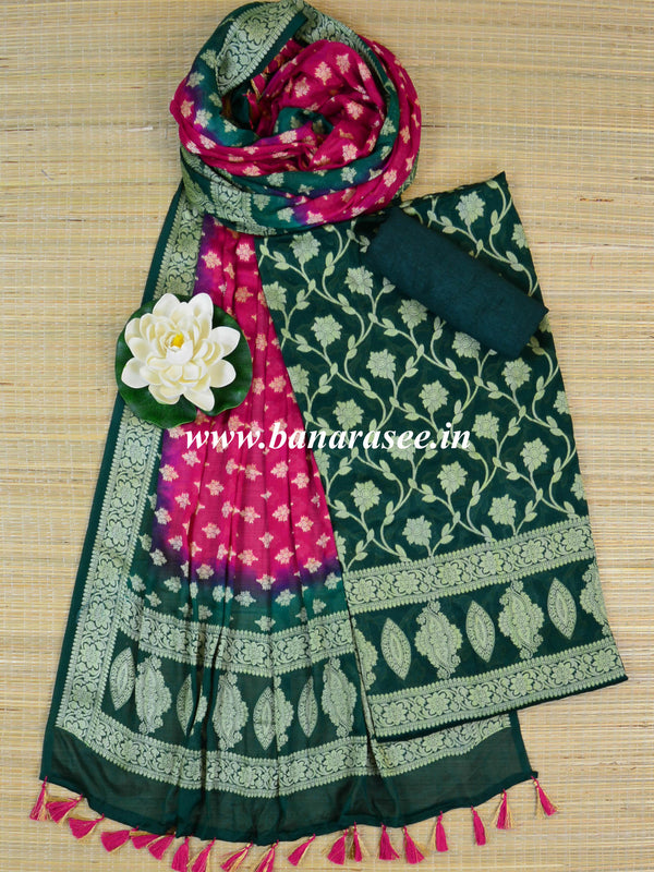 Banarasee Handloom Pure Chiffon Silk Salwar Kameez Set-Green & Magenta
