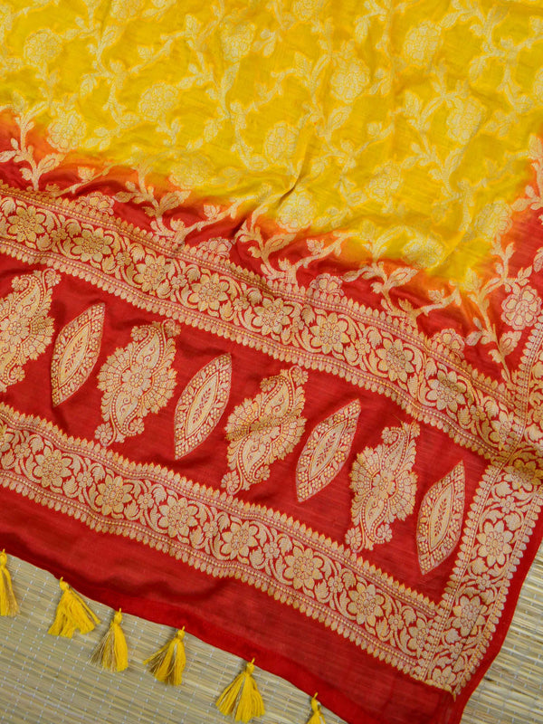 Banarasee Handloom Pure Chiffon Silk Salwar Kameez Set-Red & Yellow