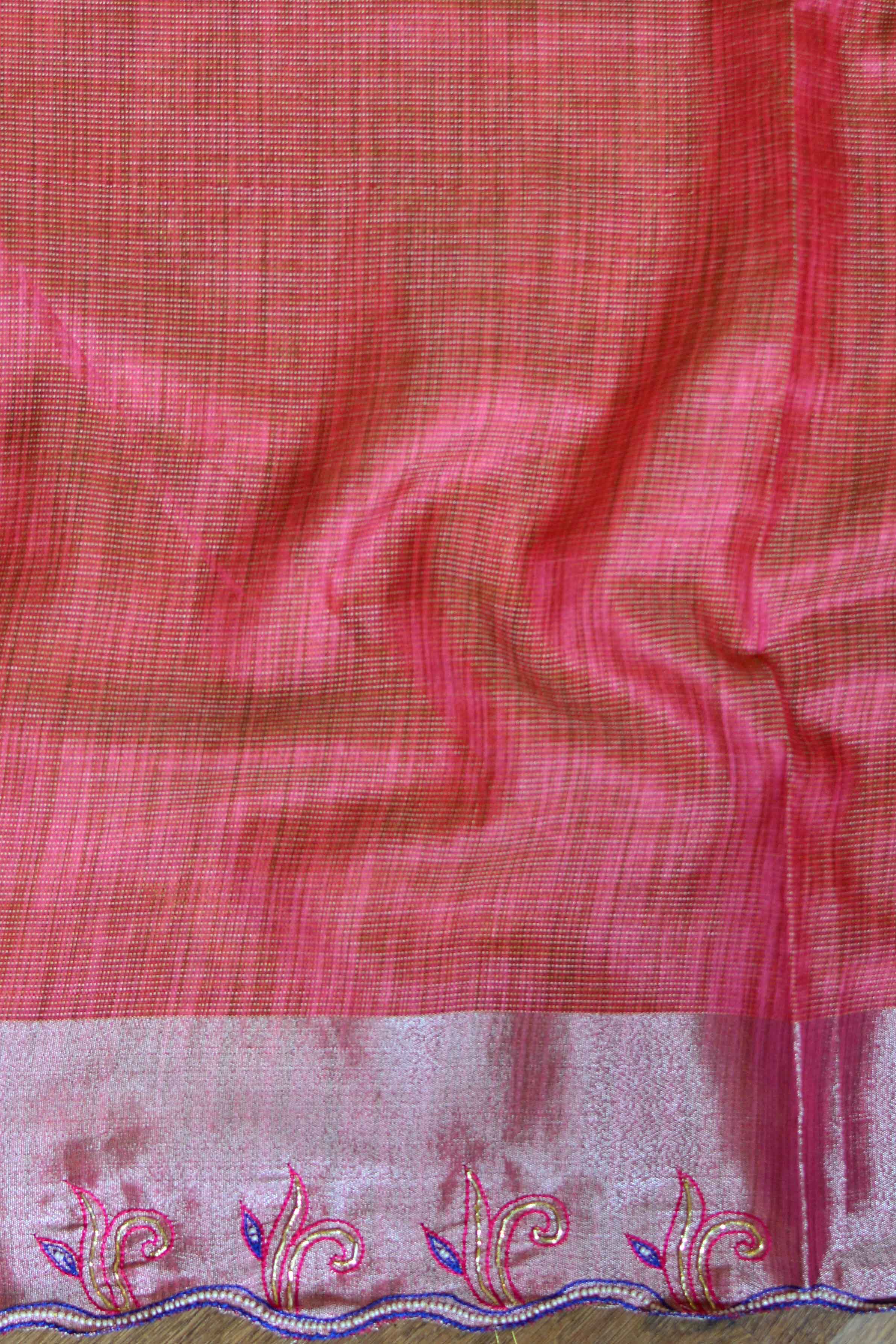 Banarasee Cotton Silk Mix Banswada Sari With Hand-Embroidery Work-Pink