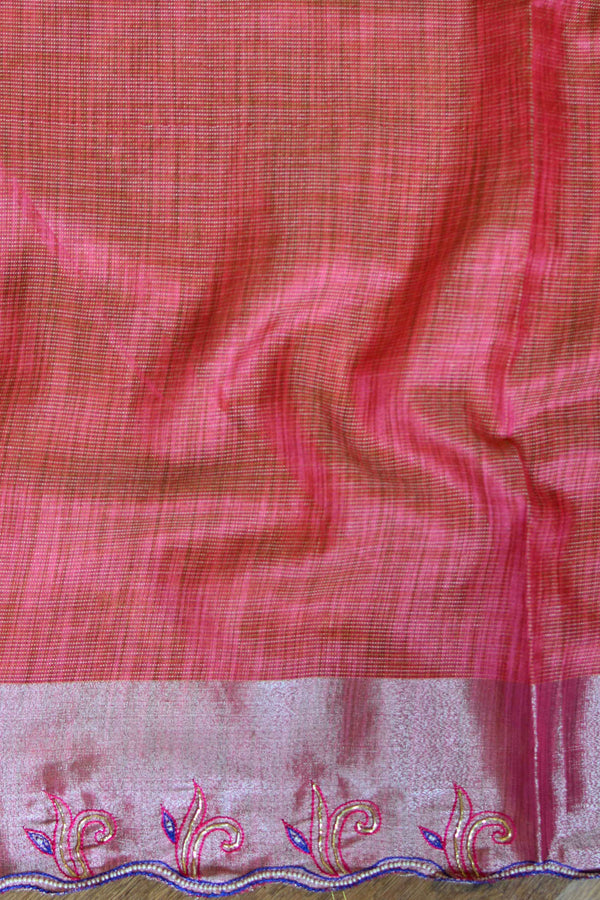 Banarasee Cotton Silk Mix Banswada Sari With Hand-Embroidery Work-Pink