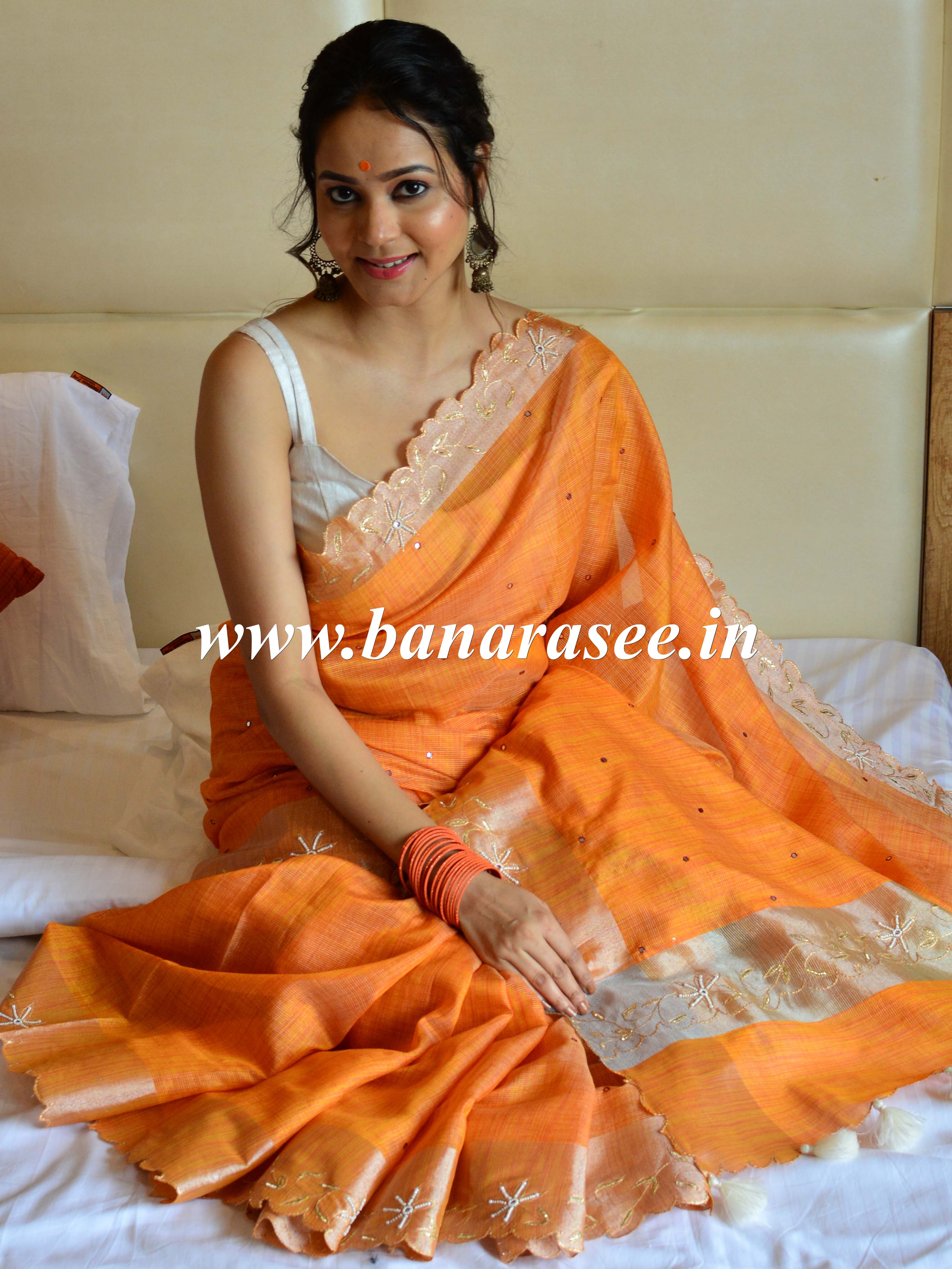 Banarasee Cotton Silk Mix Banswada Sari With Hand-Embroidery Work-Orange