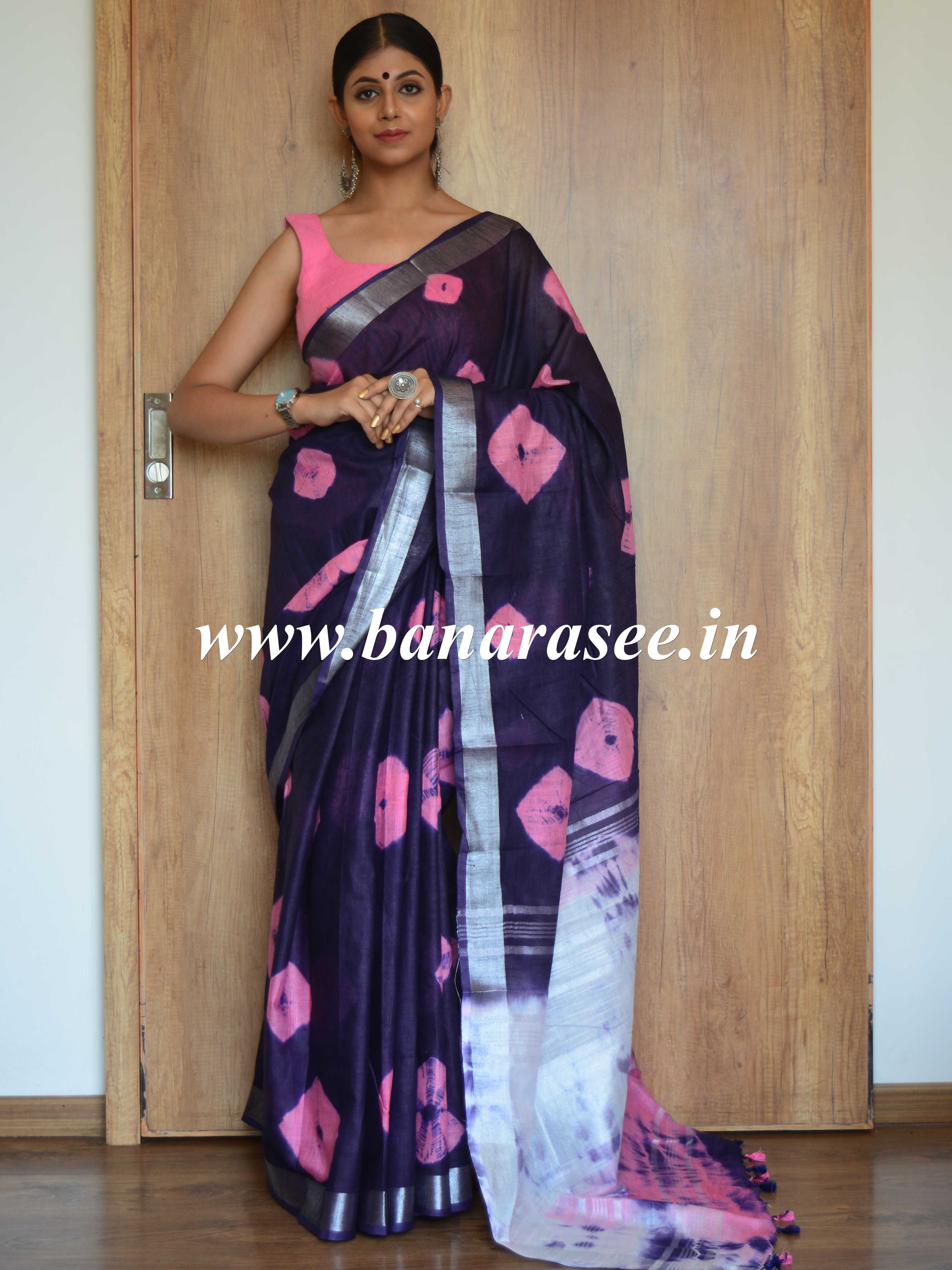 Bhagalpur Handloom Pure Linen Cotton Hand-Dyed Shibori Pattern Saree-Purple