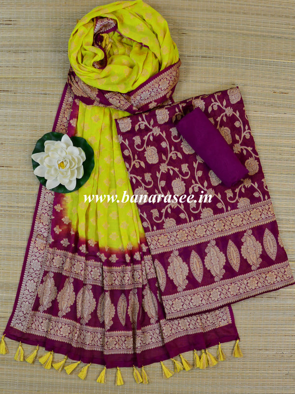 Banarasee Handloom Pure Chiffon Silk Salwar Kameez Set-Yellow & Violet