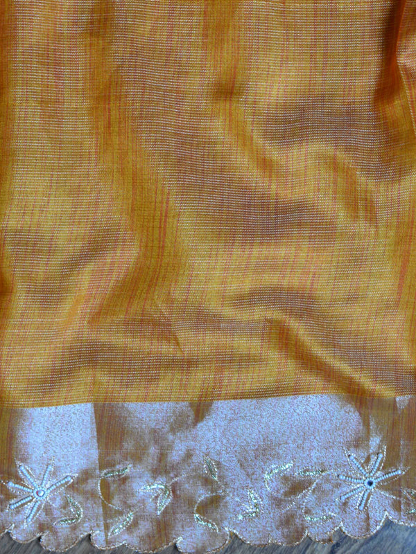 Banarasee Cotton Silk Mix Banswada Sari With Hand-Embroidery Work-Orange
