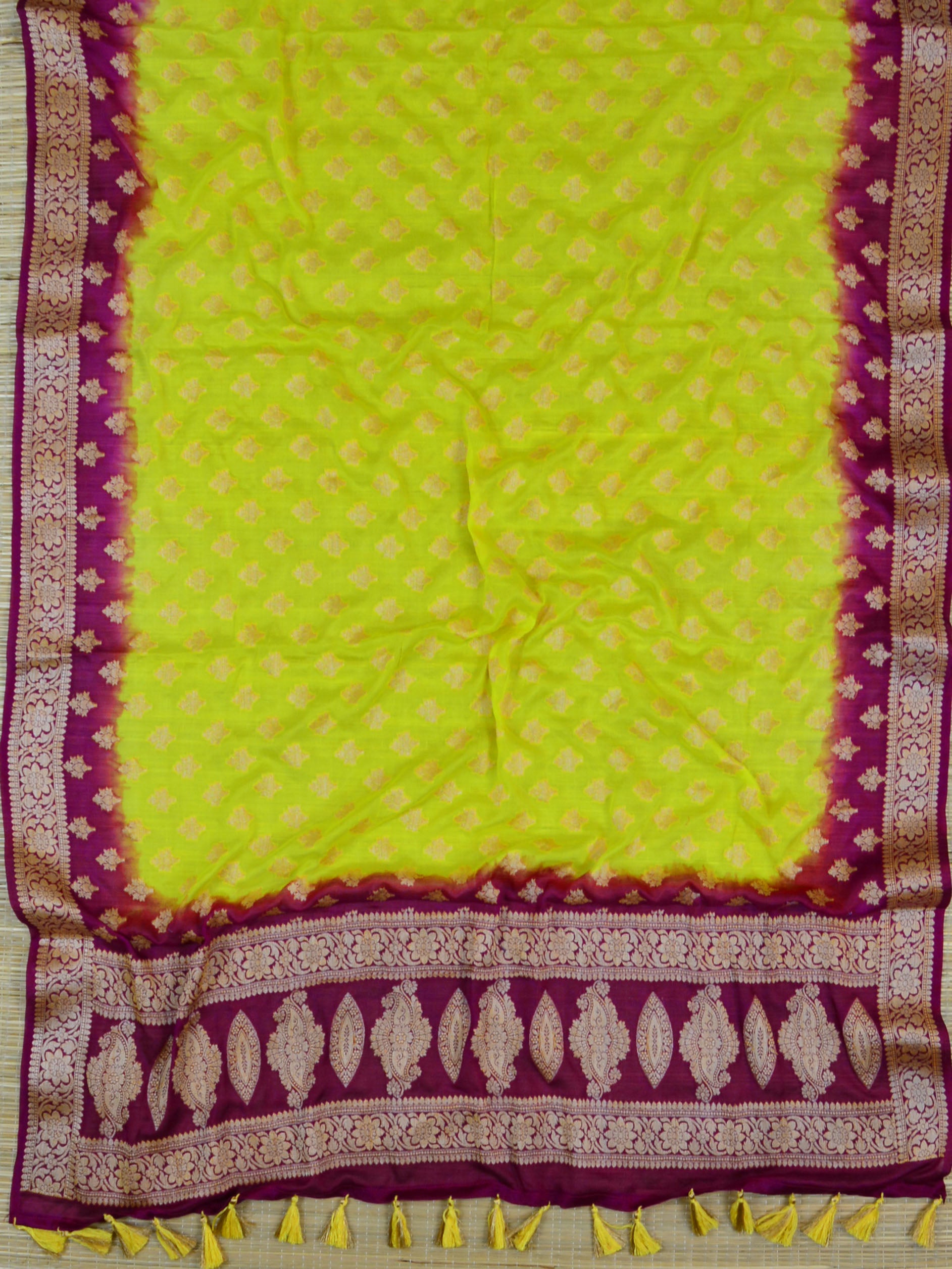 Banarasee Handloom Pure Chiffon Silk Salwar Kameez Set-Yellow & Violet