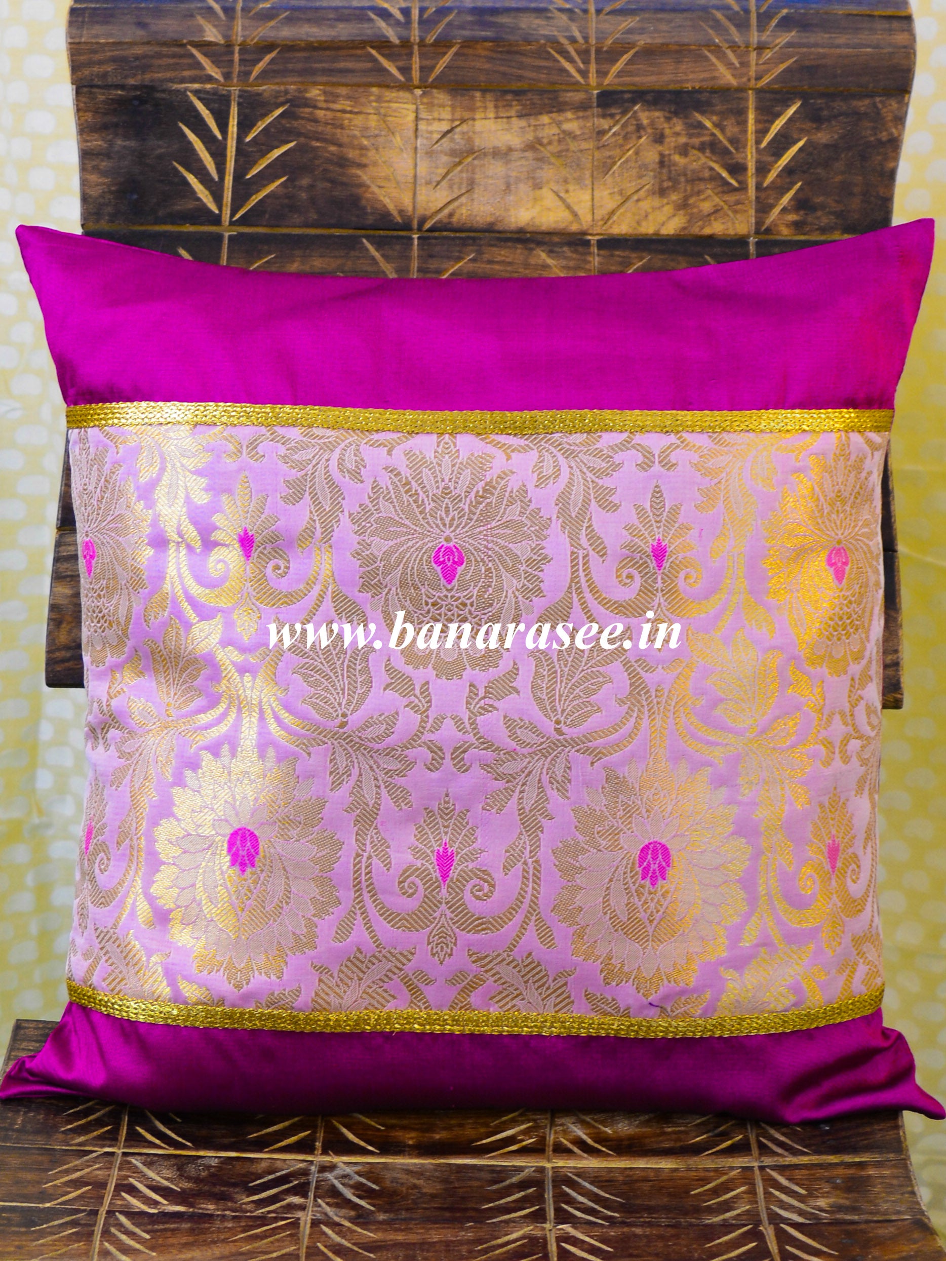 Banarasee Brocade Silk Cushion Cover-Pink & Magenta