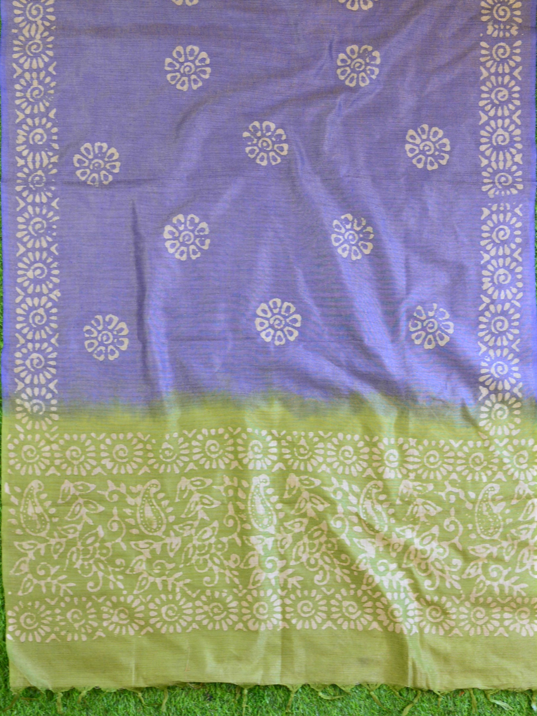 Pure Handloom Khadi Cotton Hand-Dyed Batik Pattern Salwar Kameez Dupatta Set-Green & Purple