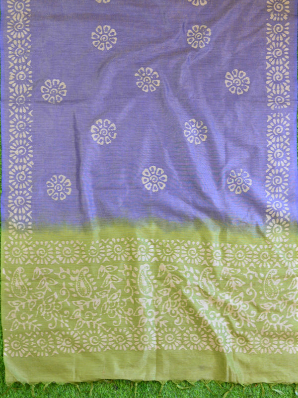 Pure Handloom Khadi Cotton Hand-Dyed Batik Pattern Salwar Kameez Dupatta Set-Green & Purple