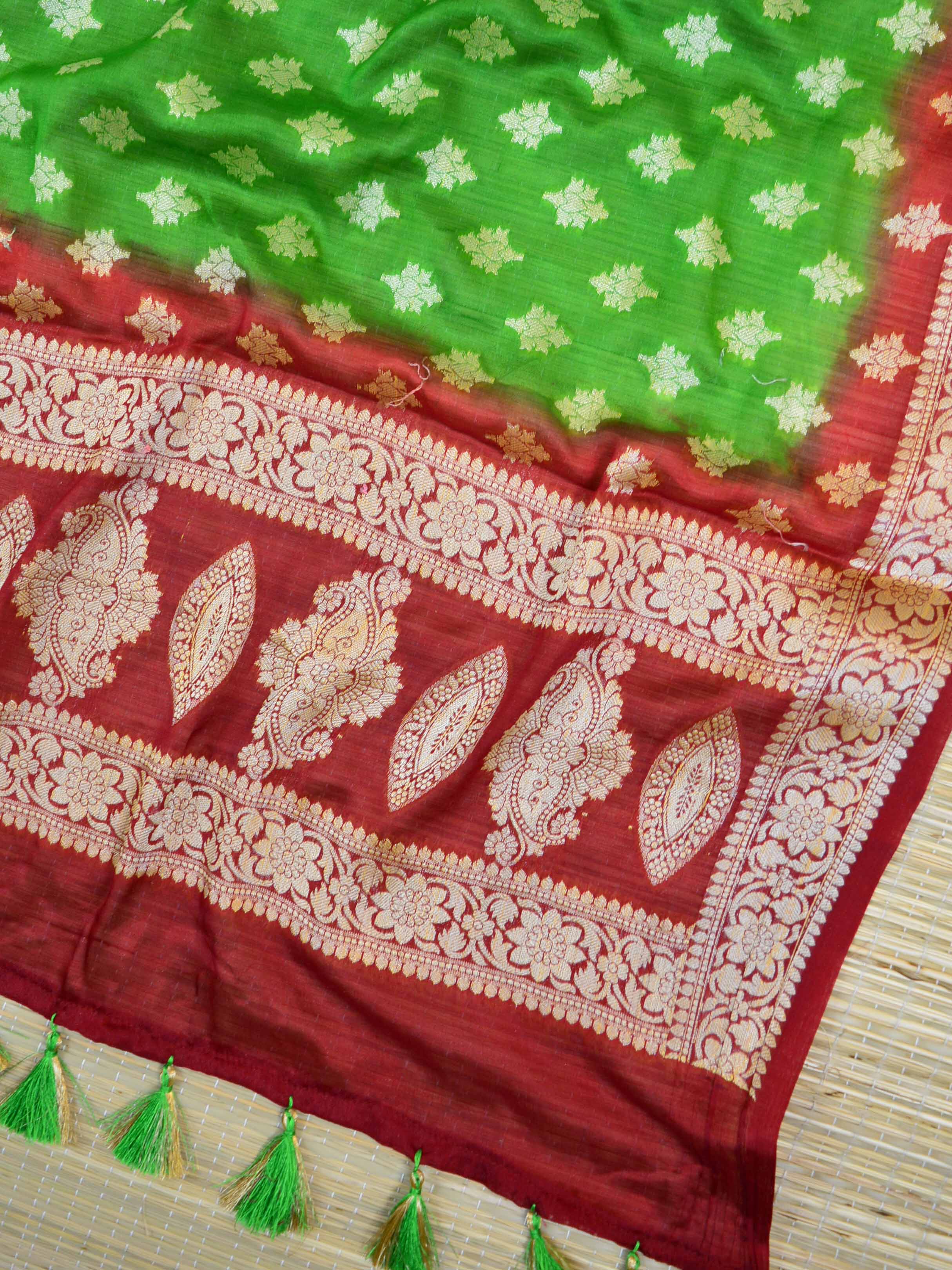 Banarasee Handloom Pure Chiffon Silk Salwar Kameez Set-Green & Maroon
