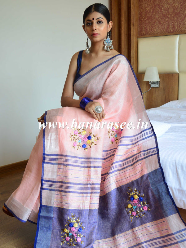 Banarasee Handloom Pure Linen Saree With Hand-Embroidery Work-Peach