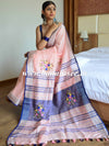 Banarasee Handloom Pure Linen Saree With Hand-Embroidery Work-Peach