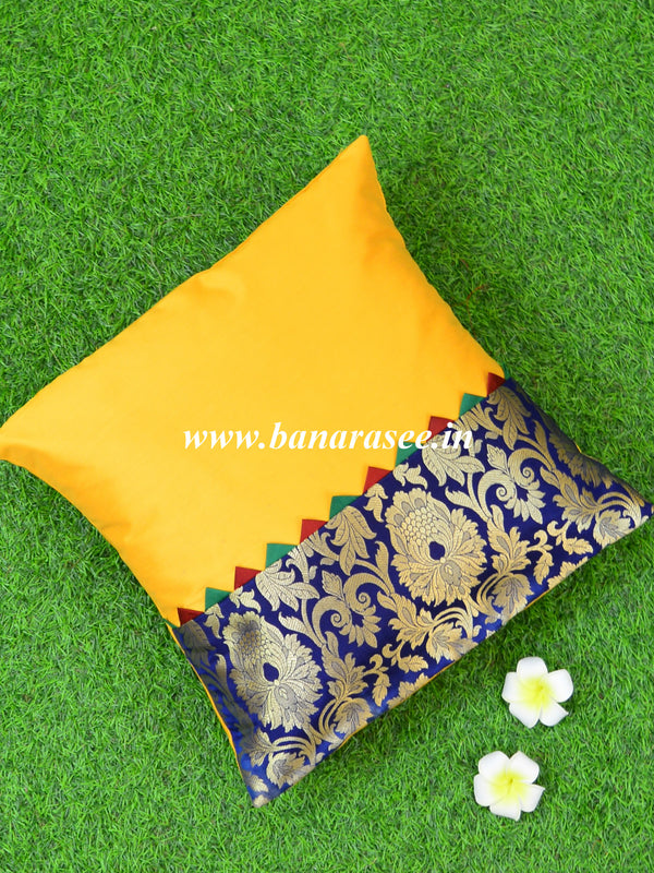 Banarasee Brocade Silk Cushion Cover-Yellow & Blue