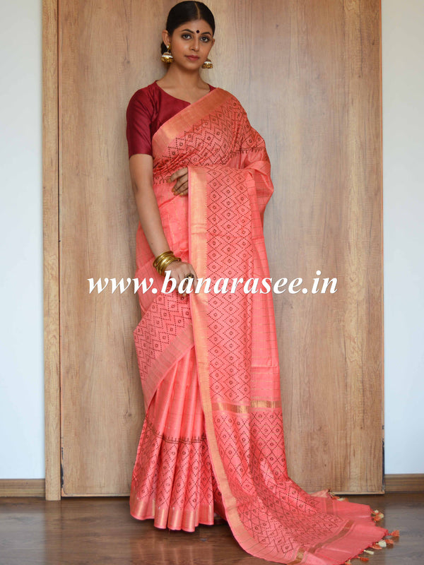 Bhagalpur Cotton Silk Hand-Block Printed Saree-Peach