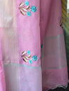 Banarasee Linen Cotton Saree With Embroidered Buta & Silver Zari Border-Pink