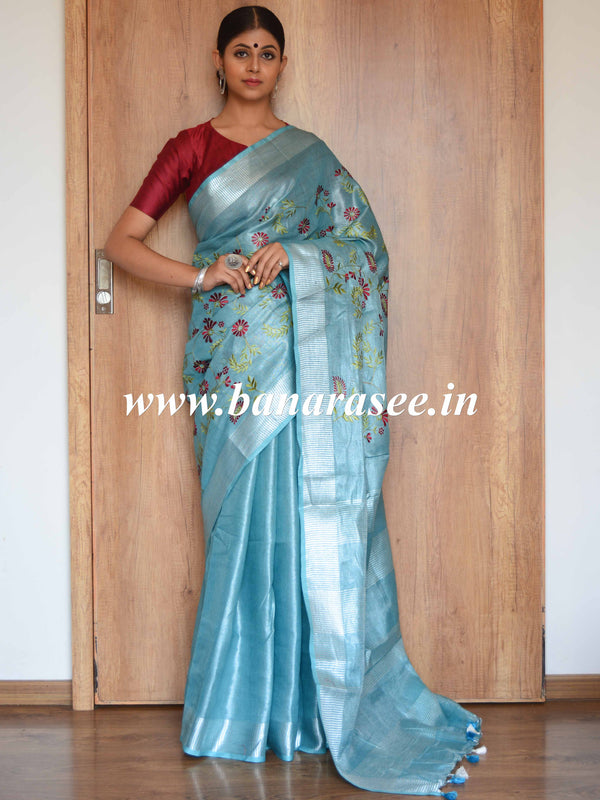 Banarasee Handloom Pure Linen By Tissue Embroidered Saree-Blue