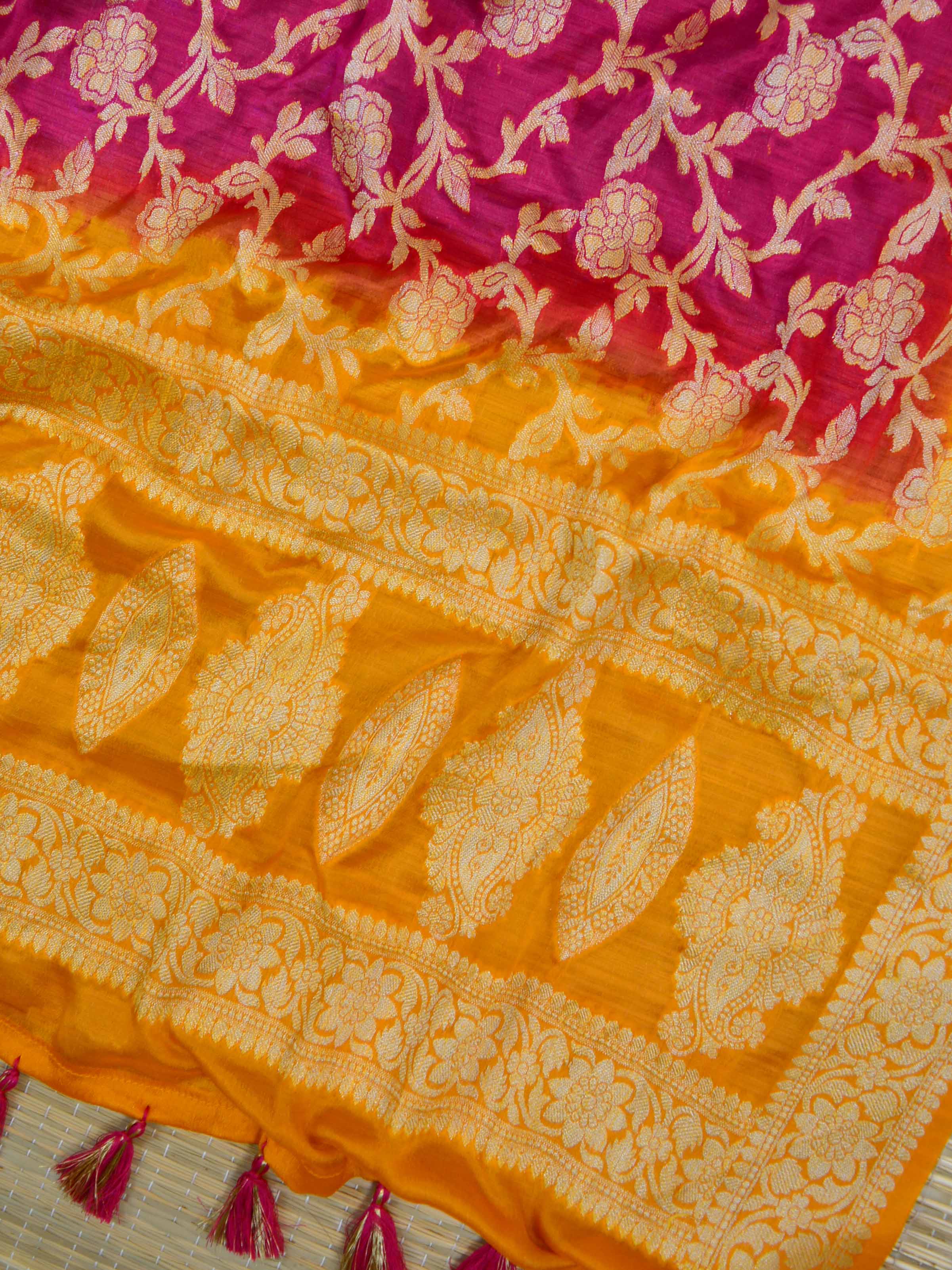 Banarasee Handloom Pure Chiffon Silk Salwar Kameez Set-Yellow & Pink