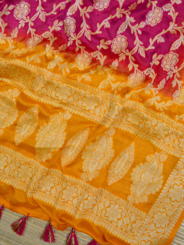 Banarasee Handloom Pure Chiffon Silk Salwar Kameez Set-Yellow & Pink